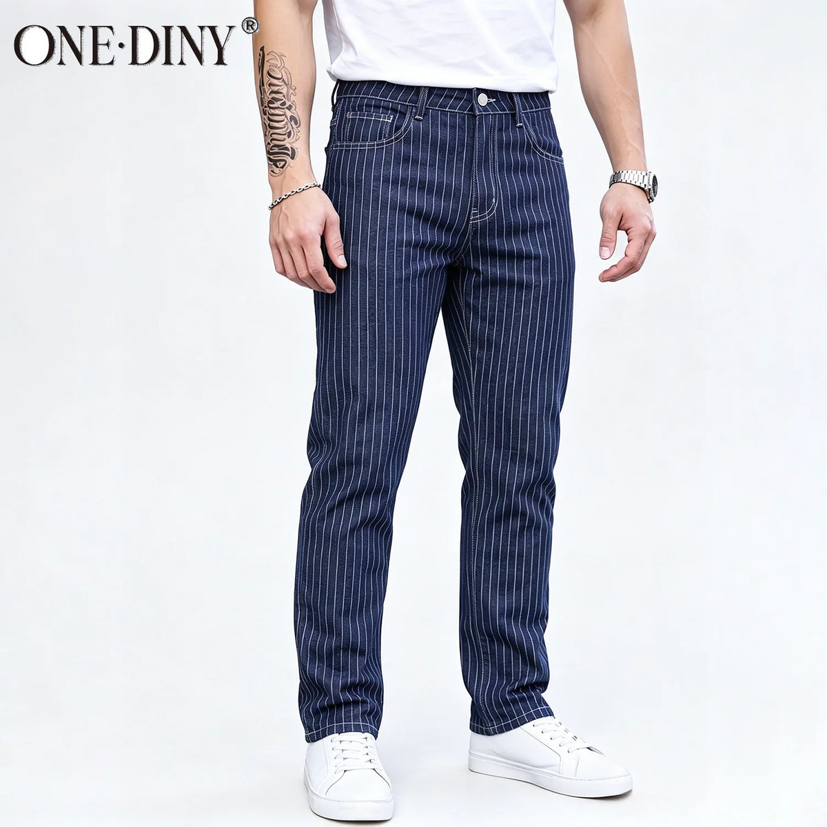 ONE·DINY Light Blue White Striped Jacquard Slim Elastic Fit Straight Leg Jeans Business Casual Style Commuting Denim Pants﻿