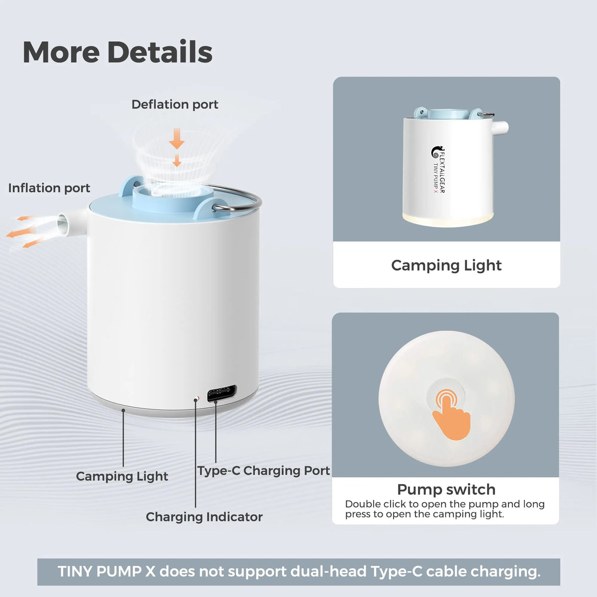 FLEXTAIL Portable Air Pump, Mini Camping Pump with Light, USB-C Charging, Ideal for Sleeping Pads, Air Bed Mattress, Vacuum Bags