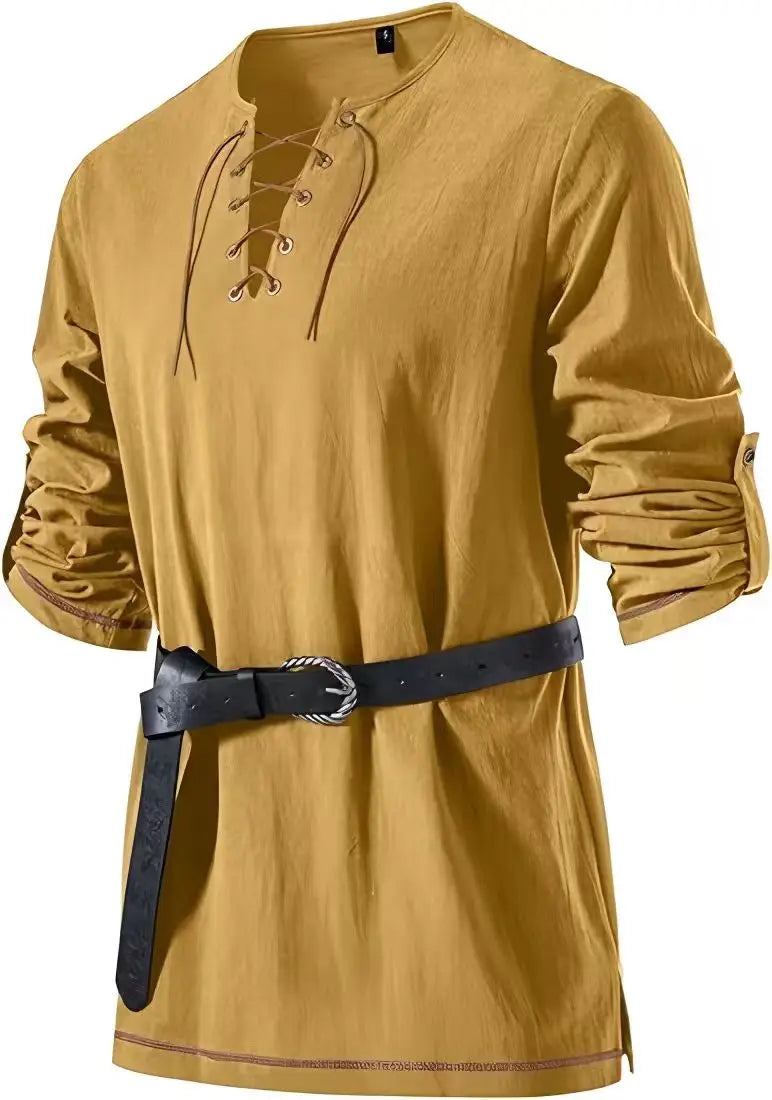Men Medieval Lace Up Linen Long Sleeve Tunic Viking Pirate Renaissance Cosplay Shirt With Vintage Embossed Leather Belt