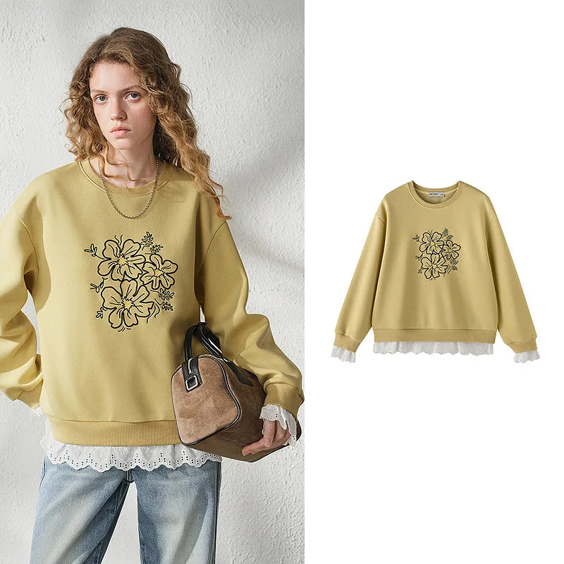 TOYOUTH Women's Floral Embroidered Lace Splicing Fake Two Piece Sweatshirt 2026 Autumn New Round Neck Loose Fit