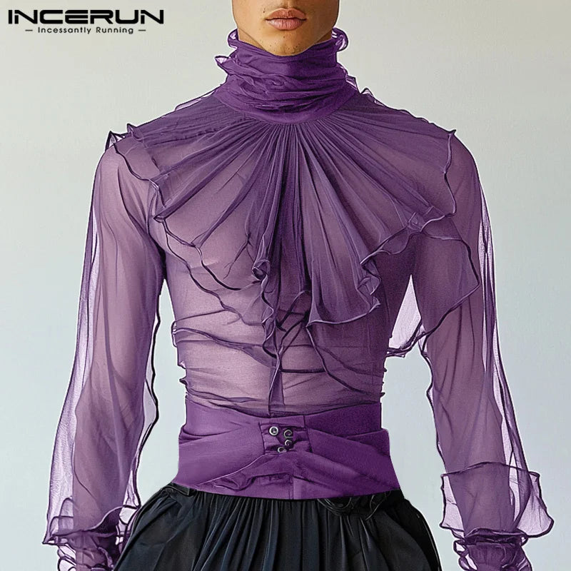 Fashion Well Fitting Tops INCERUN Sexy Men Thin High Neck Shoulder Pleated Shirt Casual Party Nightclub Long Sleeved Blouse 2025