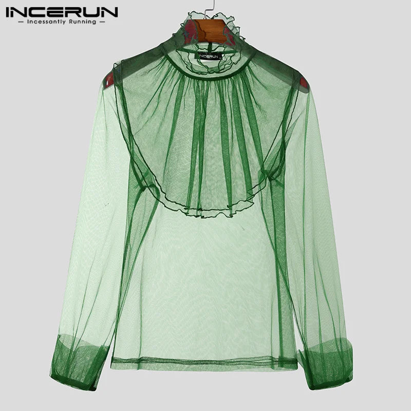 Fashion Well Fitting Tops INCERUN Sexy Men Thin High Neck Shoulder Pleated Shirt Casual Party Nightclub Long Sleeved Blouse 2025