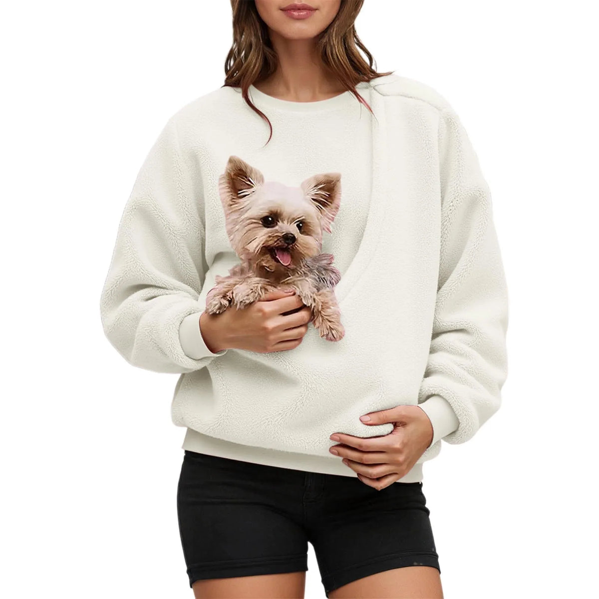 Pet Carrier Unisex Sweatshirt Casual Fleece Fabric Pullover Cozy Long Sleeve Top Couple Matching Pet Pouch Round Neck Shirt