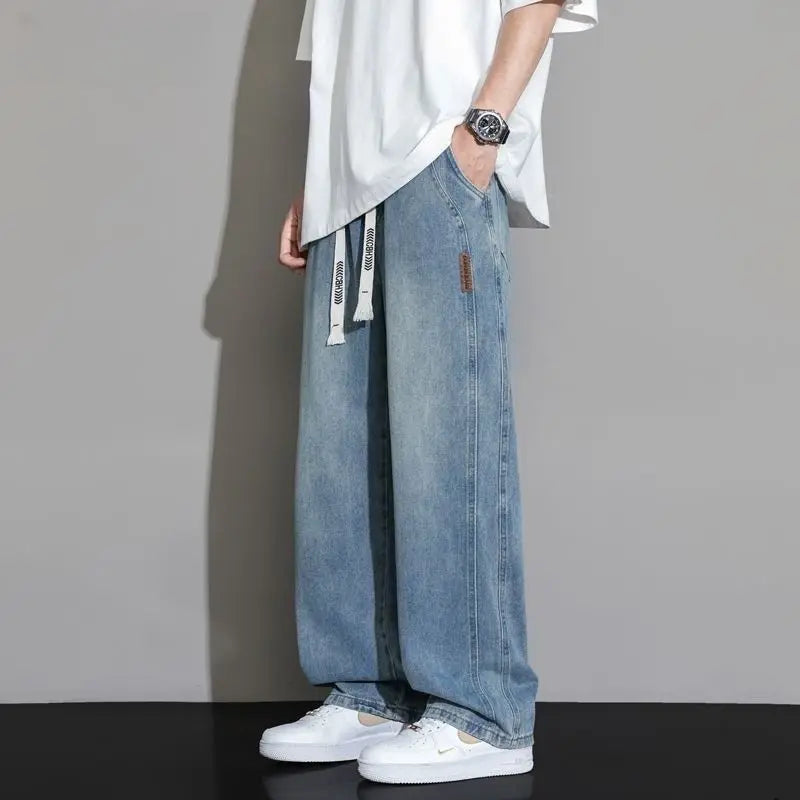 Summer Thin Denim Jeans Elastic Waist Large Size American Loose Slimming Wear Resistant Long Casual Men's Pants Cotton Blend