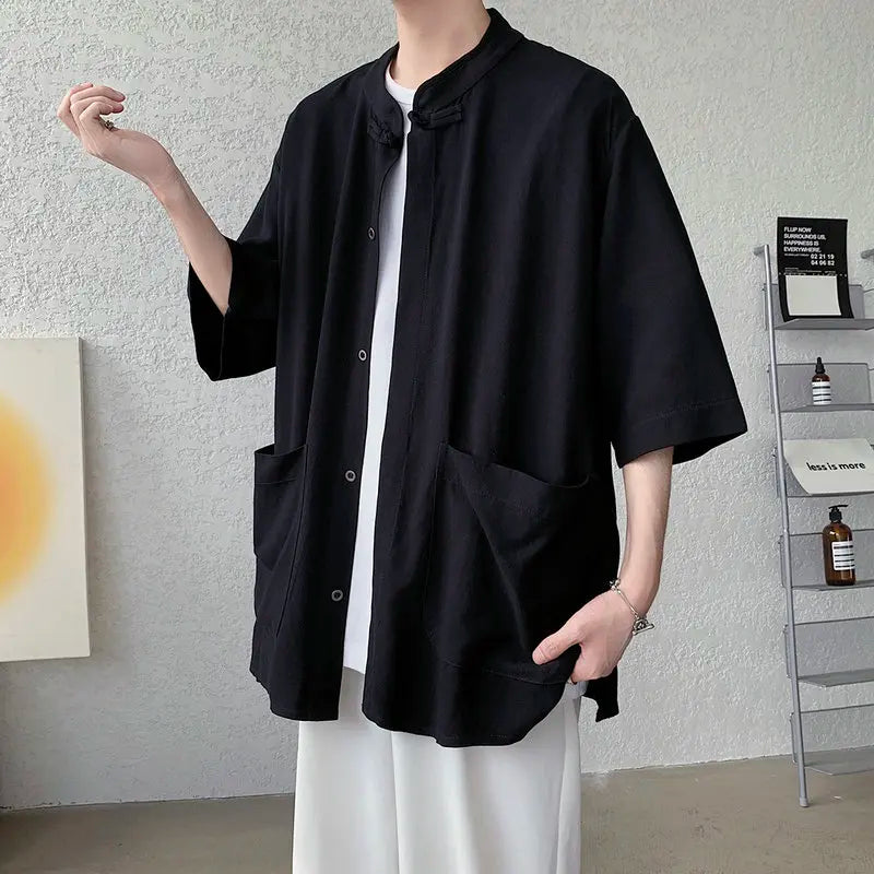 Oversized Men Shirts Cotton Linen Harajuku Style Short Sleeve Shirt Men Loose Trend Solid Color Casual Male Hip Hop Tops 5XL