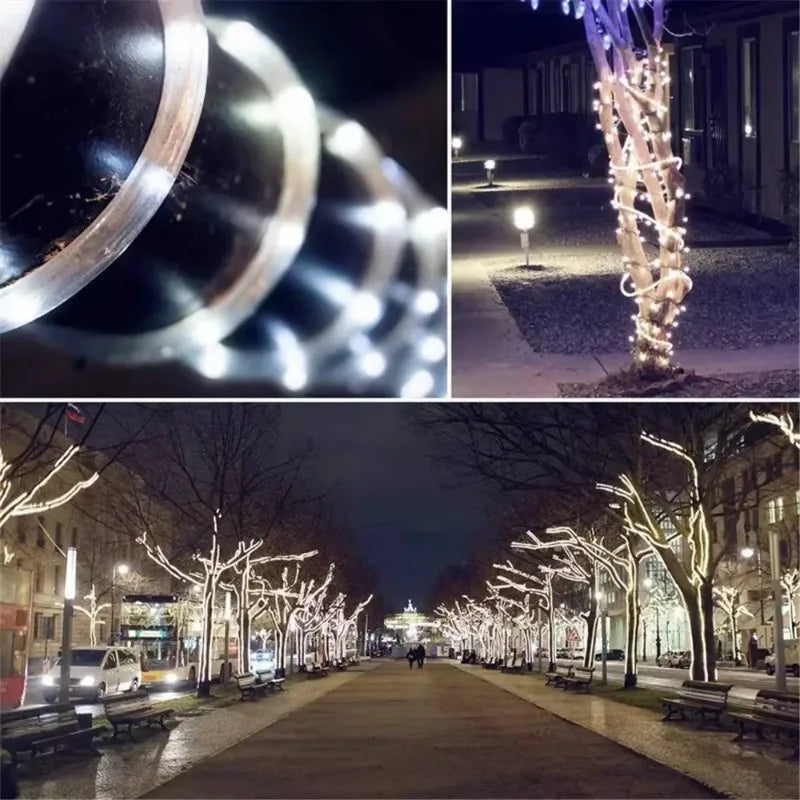 New 1 Pack of 100 LED Solar String Lights. Waterproof Tubular Rope Lights for Outdoor Gardens. The Fairy Wreath Lights Are Powered by Solar Energy and Are Perfect for Christmas Parties, Festivals, and Outdoor Landscape Decora