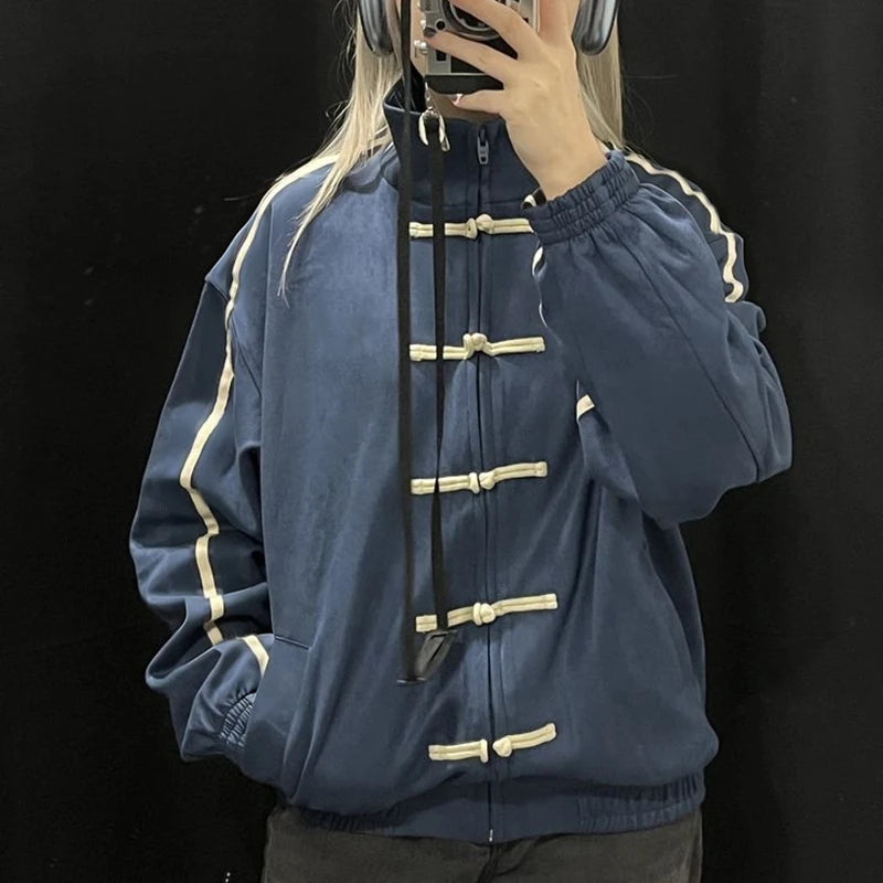 Combhasaki Women's Chinese Frog Button-down Jacket Y2k Vintage Zip Up Sweatshirt Funnel Neck Bomber Jacket Preppy Streetwear