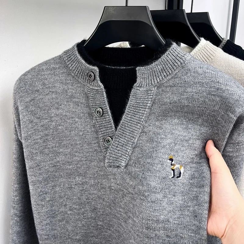 Korean Version Fashion Men‘s Long-Sleeved Knitwear Button Color Blocking False Two-Piece Embroidery Sweater Hot-Selling for Men