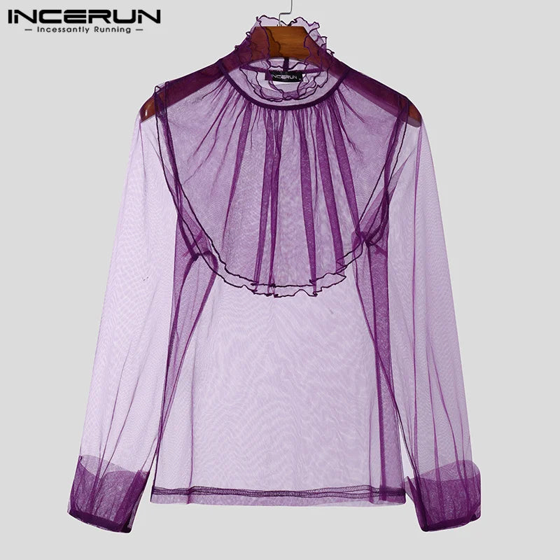 Fashion Well Fitting Tops INCERUN Sexy Men Thin High Neck Shoulder Pleated Shirt Casual Party Nightclub Long Sleeved Blouse 2025