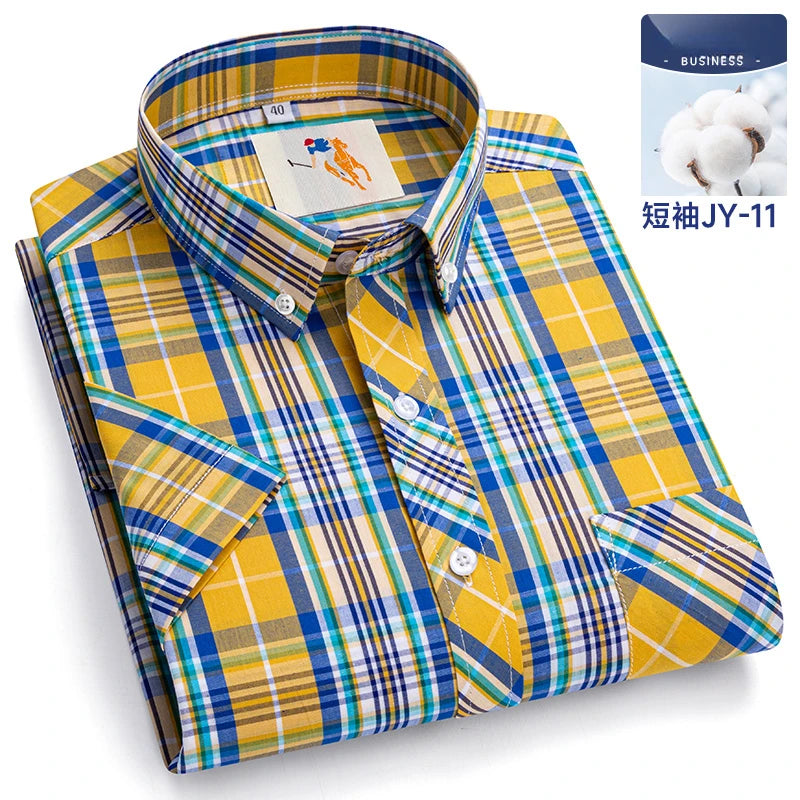 Fashion Korean Plus Size 8XL 100%Cotton Short Sleeve Shirts for Men Slim Fit Formal Plain Shirt Plaid Hawaiian Shirt Casual Top