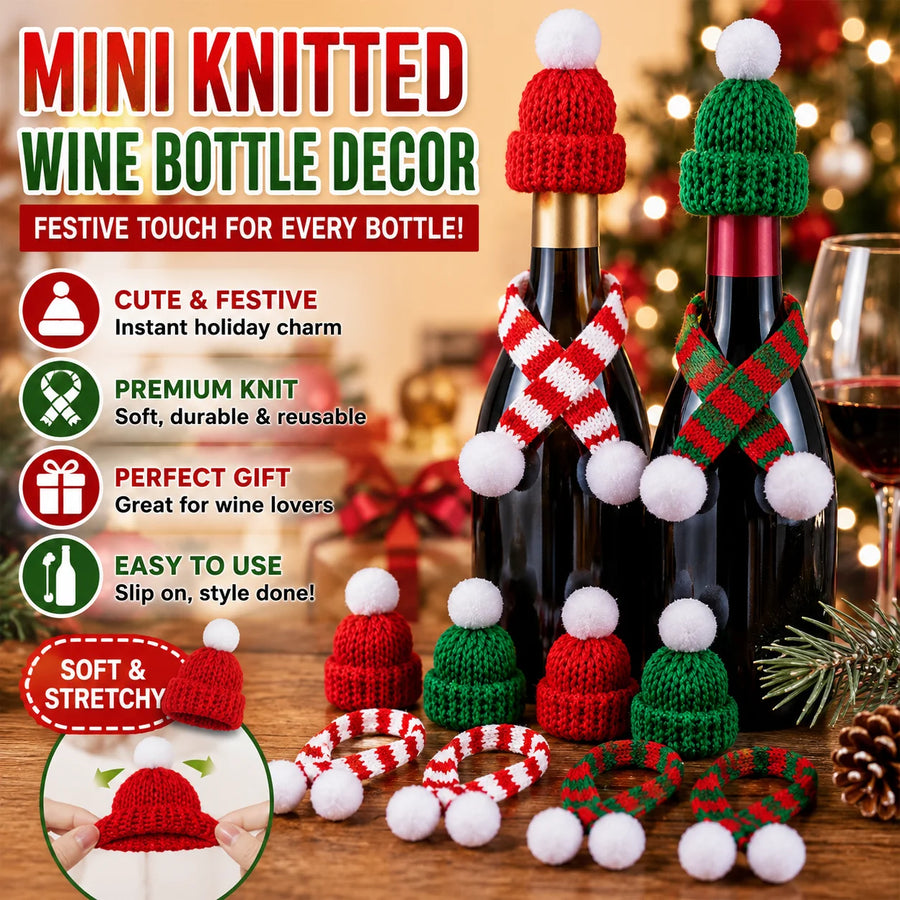 Knitted Santa Hat Mini Wine Bottle Christmas Decor Scarf Wool Ornament DIY Craft for Holiday Tabletop Display