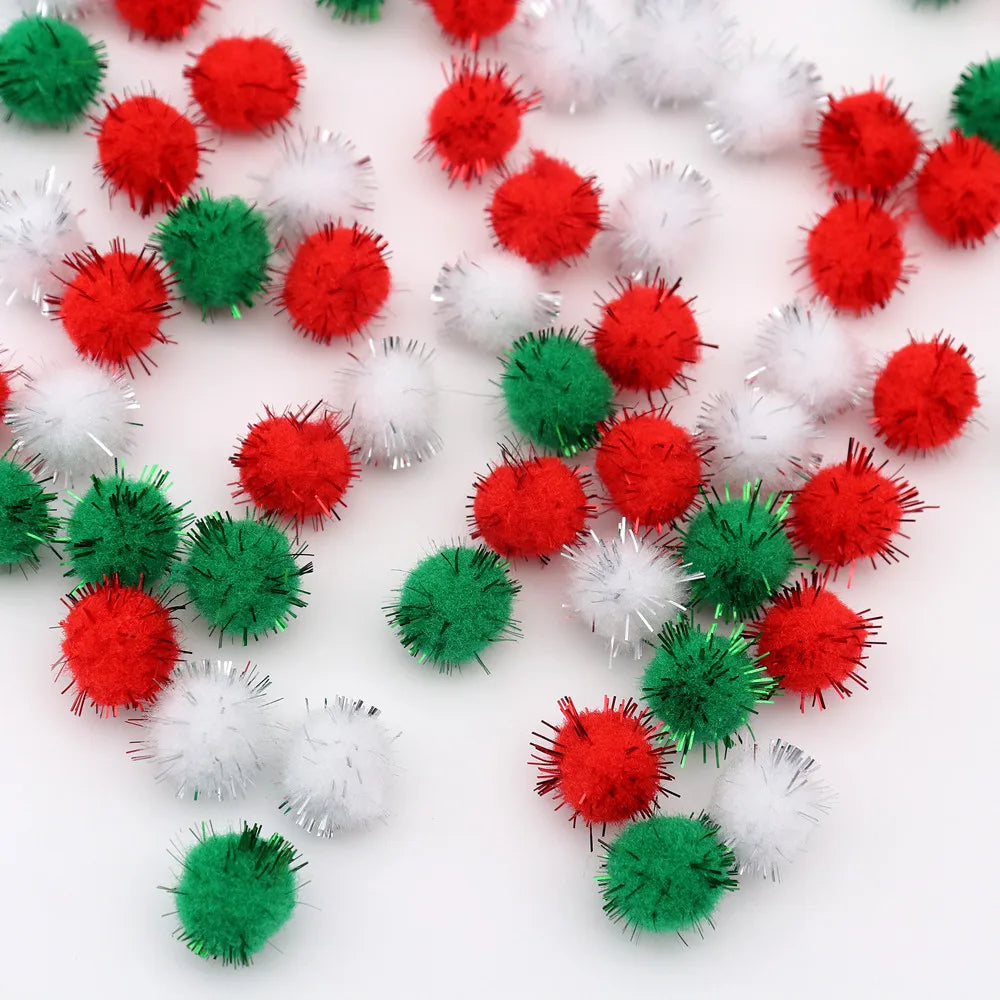10-30mm Sparkle Glitter Pompoms Balls for Craft White Green Red Plush Glitter Tinsel Pom Pom for Christmas Decor Craft Supplies
