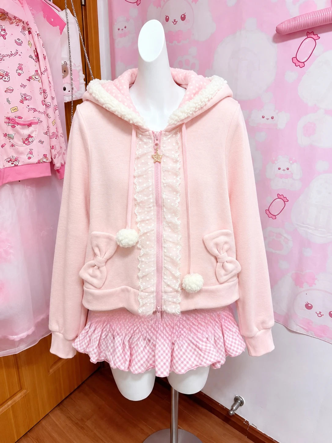 Cute Japanese Printed Cardigan Women Y2K Fairy Grunge Ruffle Patchwork Outerwear Sweet Lolita Harajuku Style Daily Casual Outfit
