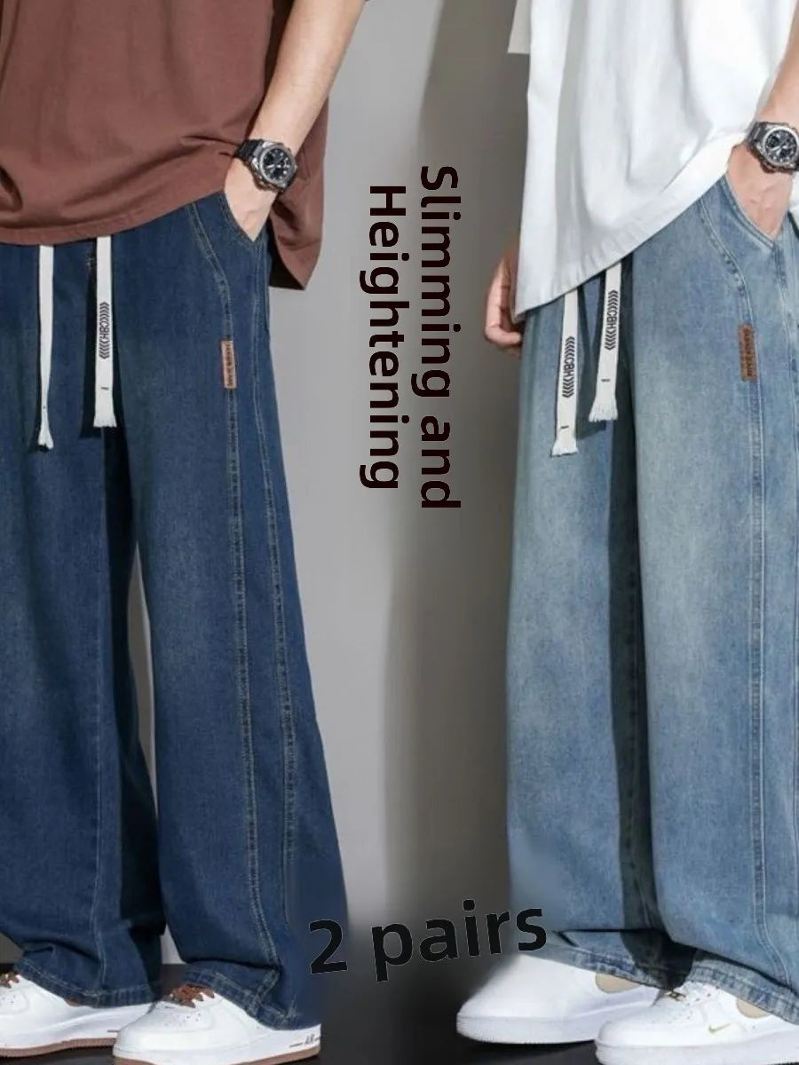 Summer Thin Denim Jeans Elastic Waist Large Size American Loose Slimming Wear Resistant Long Casual Men's Pants Cotton Blend