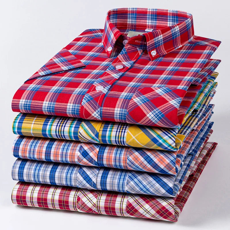 Fashion Korean Plus Size 8XL 100%Cotton Short Sleeve Shirts for Men Slim Fit Formal Plain Shirt Plaid Hawaiian Shirt Casual Top