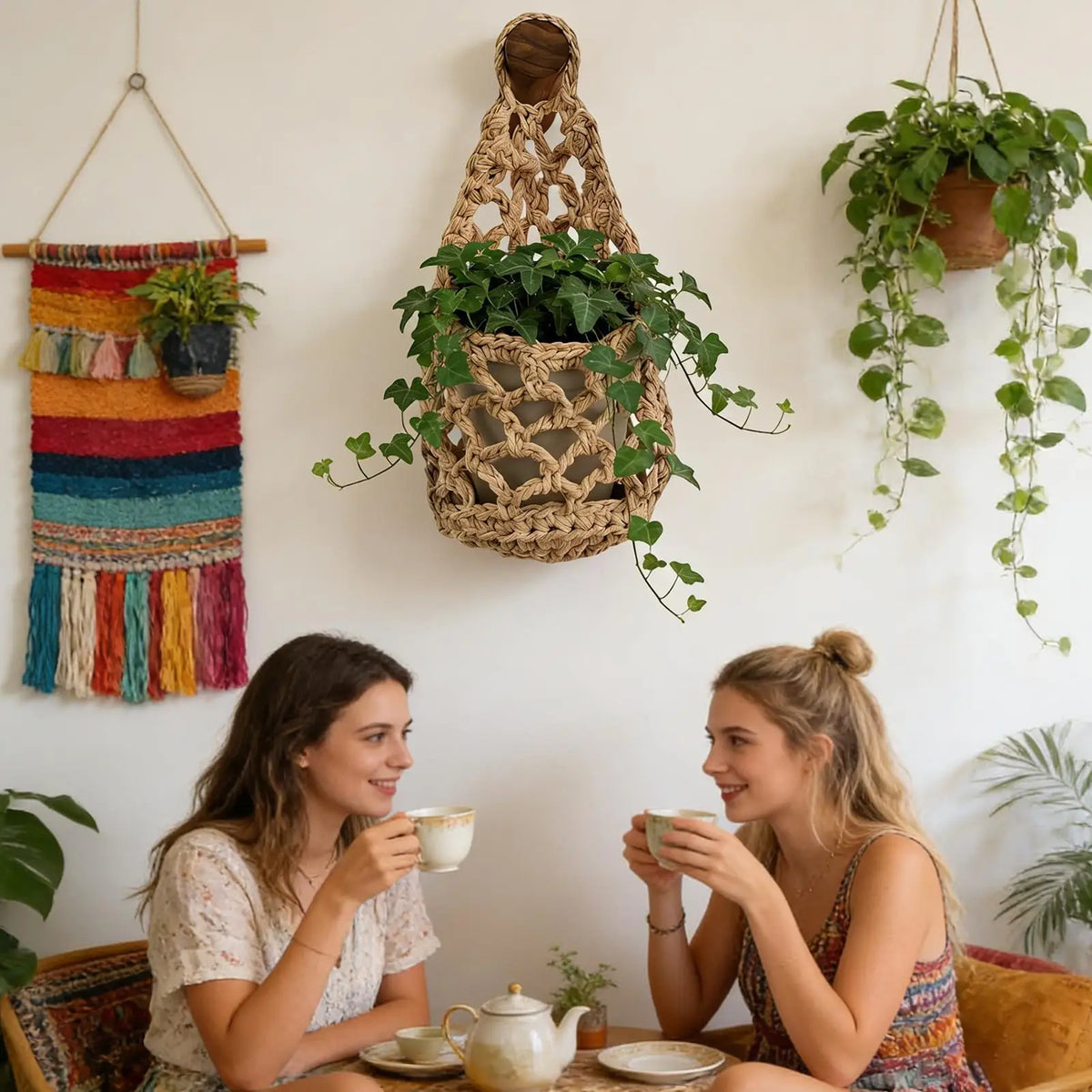 Macrame Wall Plant Hanger for Flower Pot, Space Saving Storage Home Decor Plant Holder Wall Stand  Indoor Bedroom Living Room
