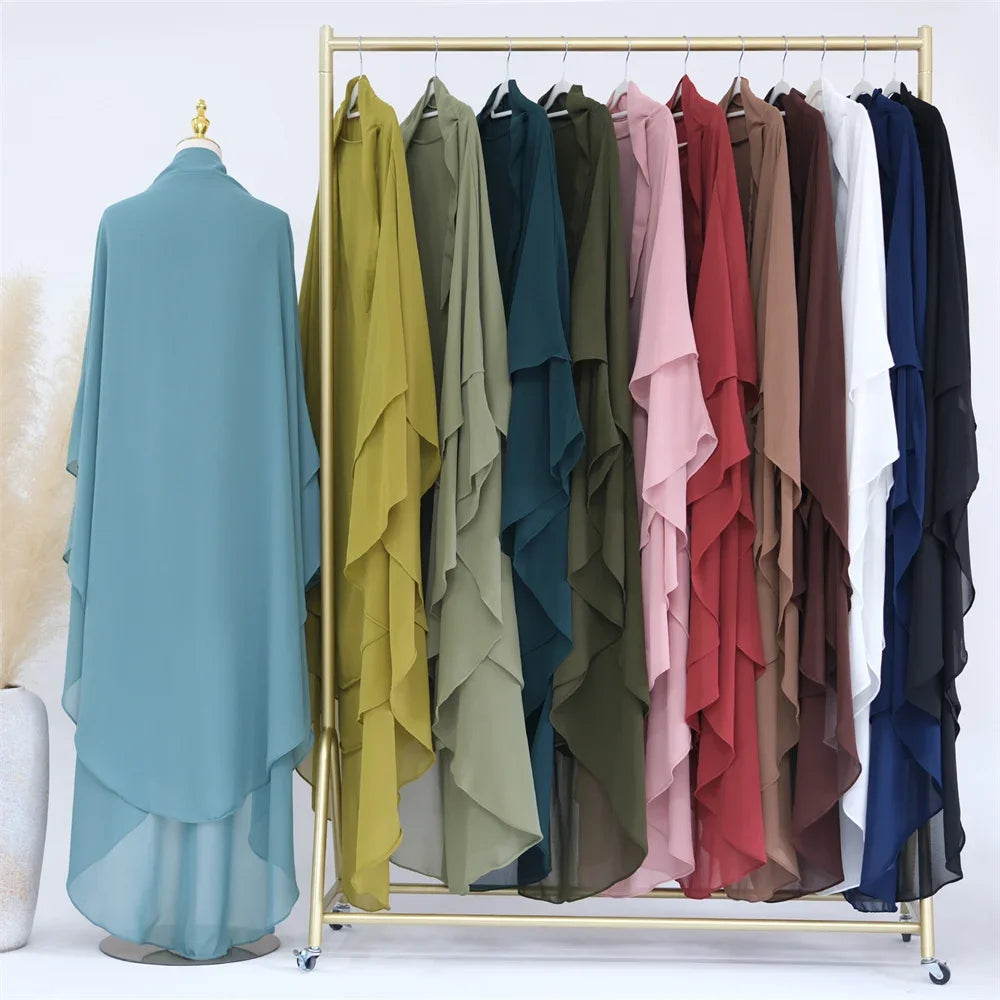 Two Layer Chiffon Extra Long Khimar Niqab Eid Ramadan Muslim Women Islamic Clothing Prayer Garment Overhead Abaya Dress Kaftan