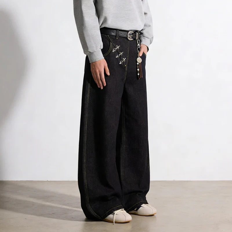 IEFB Airplane Button Design Black Men's Boot Cut Jeans Niche Unisex High Street Loose Wide Leg Denim Long Pants 2026 New 9X2176