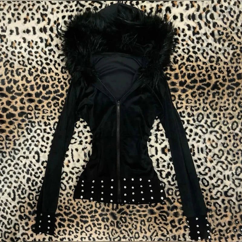 2026 Fall Winter Gothic Y2K Women's Hoodie Sexy Slim Casual Chic Fur Collar Cardigan Sweatshirt Grunge Harajuku Gyaru Streetwear