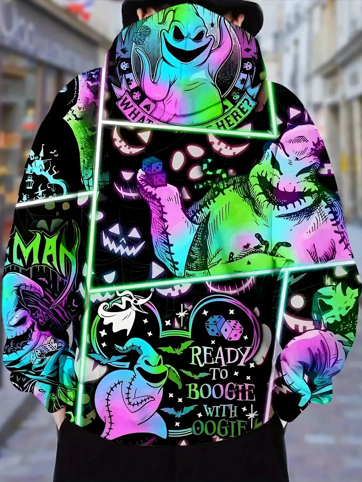 Men Oogie Boogie Neon Color Grid Print Drawstring Hoodie With Pocket