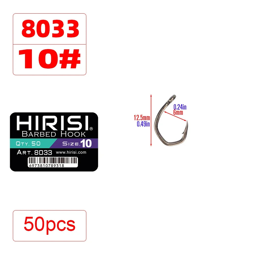 Hirisi 50pcs PTFE Coated High Carbon Stainless Steel Micro Barbed Fish Hook With Eye 8033 Fishing Accessories Spliceable Box