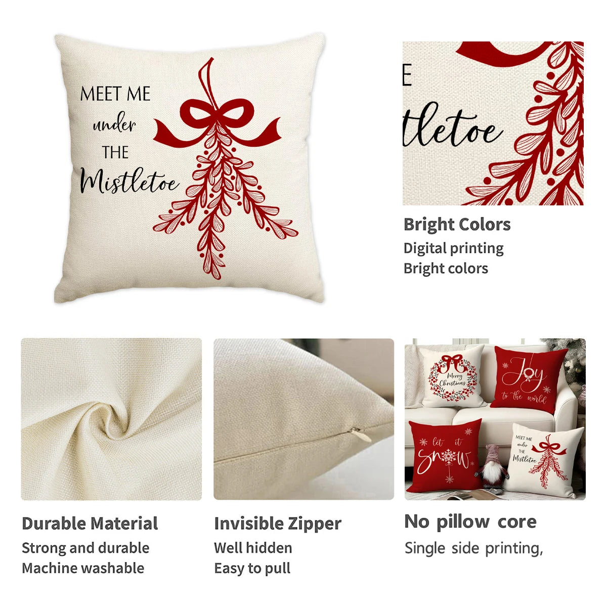 1/4pcs red Christmas pillowcase, bow Christmas wreath, Christmas plant design cushion cover, farmhouse Christmas decoration
