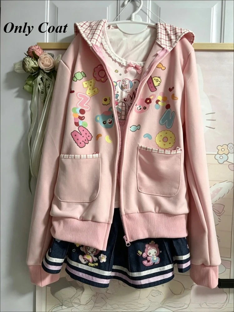 Harajuku Sweet Long Sleeve Hoodie Women Casual Cartoon Print Japan Style Kawaii Hooded Sweatershirt Bodycone All Season