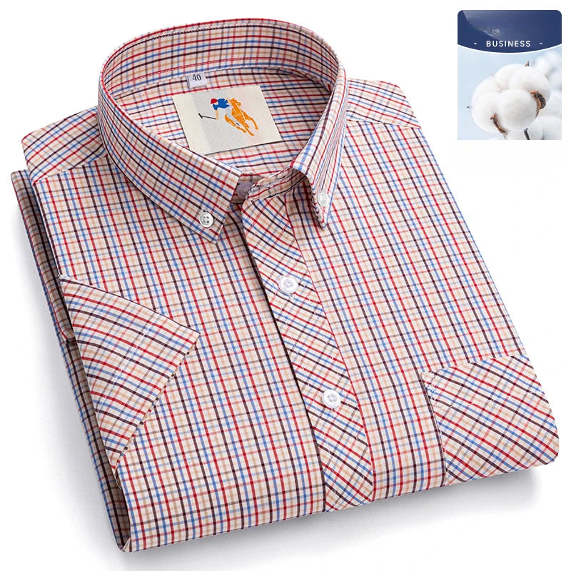 Fashion Korean Plus Size 8XL 100%Cotton Short Sleeve Shirts for Men Slim Fit Formal Plain Shirt Plaid Hawaiian Shirt Casual Top