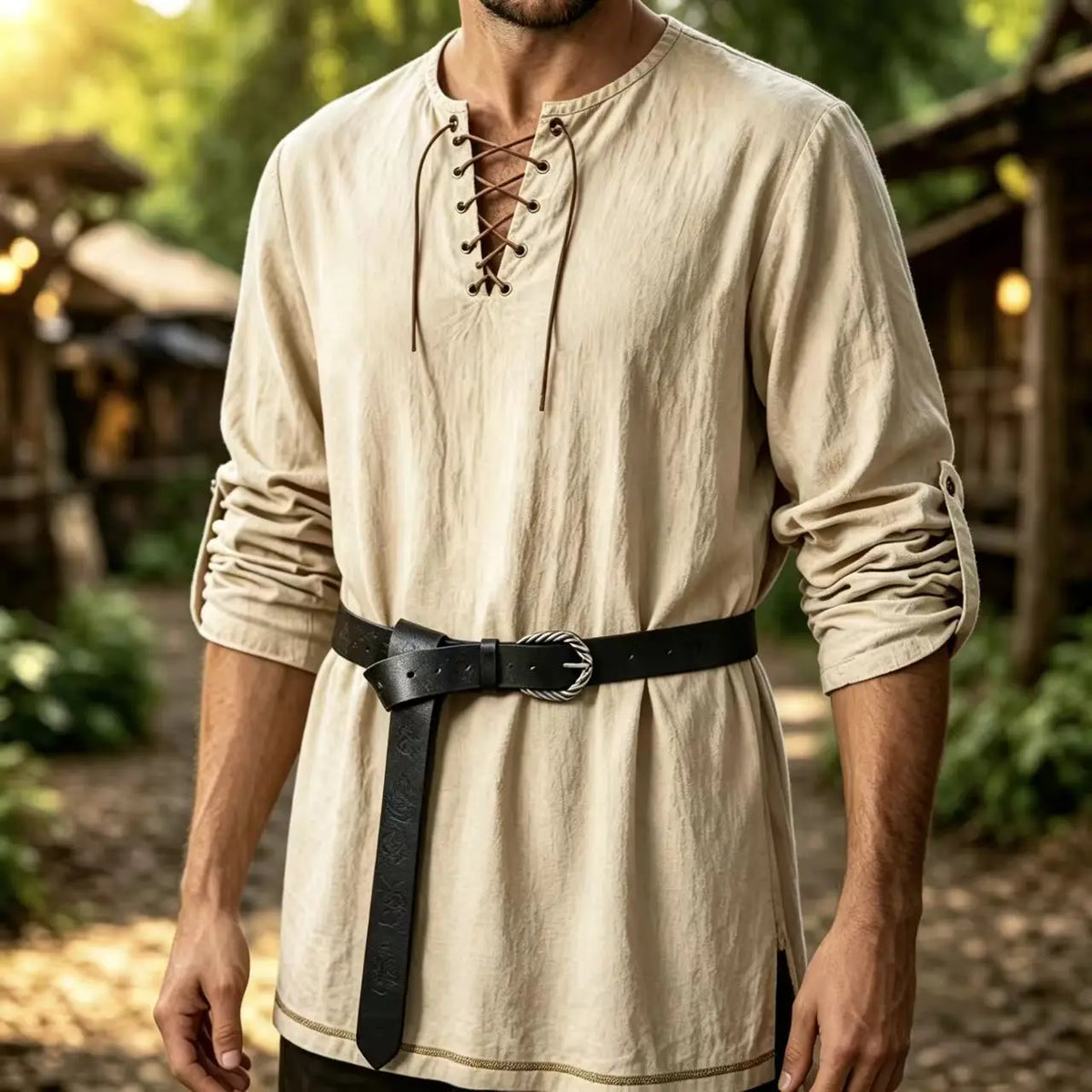 Men Medieval Lace Up Linen Long Sleeve Tunic Viking Pirate Renaissance Cosplay Shirt With Vintage Embossed Leather Belt