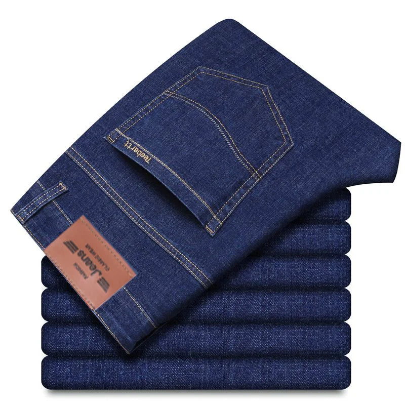 Summer Thin Men's Elastic Cotton Jeans Fashion Sky Blue Comfortable Business Straight Casual Pants Brand Male Clothes Trousers