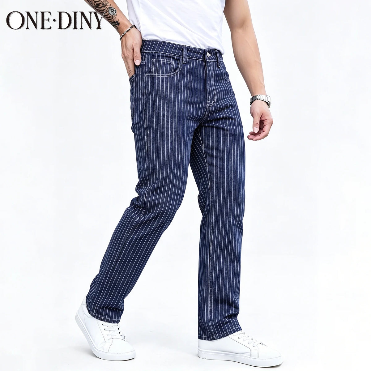 ONE·DINY Light Blue White Striped Jacquard Slim Elastic Fit Straight Leg Jeans Business Casual Style Commuting Denim Pants﻿