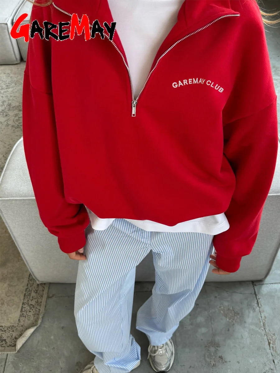 Fashion Women's Zip-up Sweatshirt Oversized Autumn Red Vintage Pinterest Sweatshirt with Zipper Cotton Long-sleeved Street Style