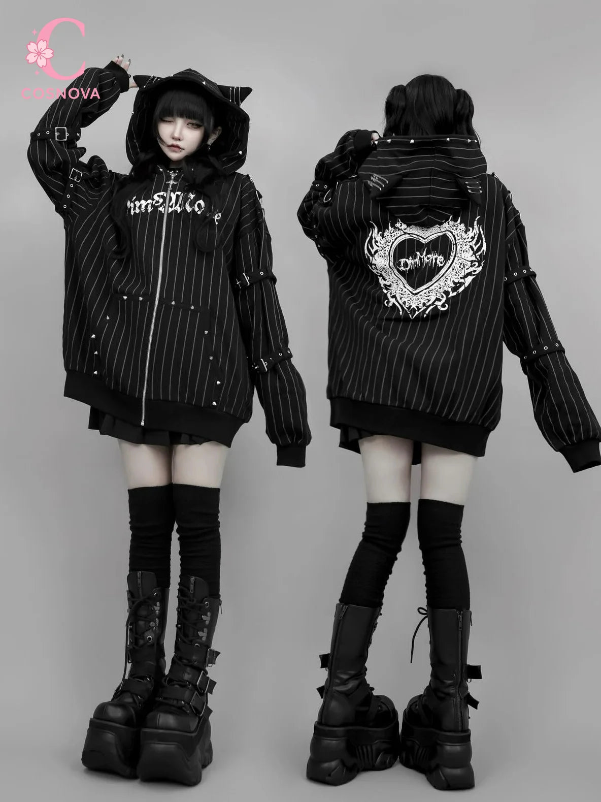 Black Cat Ear Zip Up Hoodie Japanese Subculture Women Devil Pinstripe Heart Print Oversized Metal Buckle Punk Streetwear Outfit