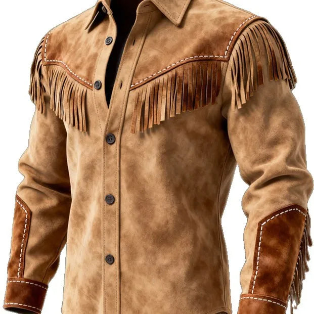Unique Design Brown Tassel Leather Velvet Jacket Spring Summer Vintage Style Fashionable Streetwear Top