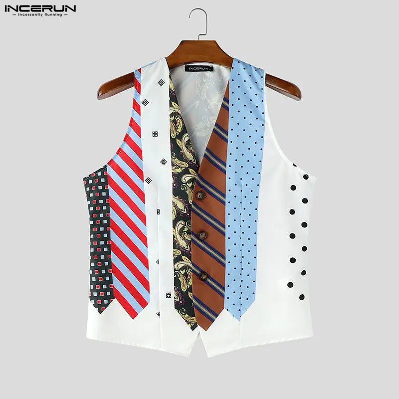 INCERUN Men's Vests Tie Printing V Neck Sleeveless Vintage Casual Male Waistcoats Streetwear Fashion Men Clothes Vests For Man