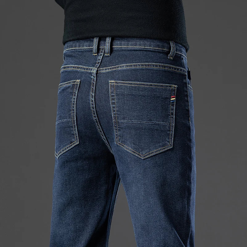 2026 Brand Thin or Thick Material Straight Cotton Stretch Denim Men's  Business Casual High Waist Light Grey Blue Jeans