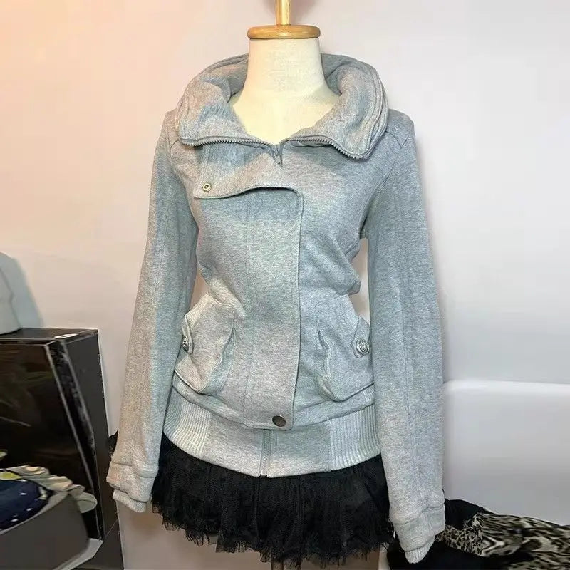 2026 Retro Gray Sweatshirt For Women Vintage High-End Fashion Hoodie Sweatshirt Spring Autumn Women Hooded Jacket New Women Coat