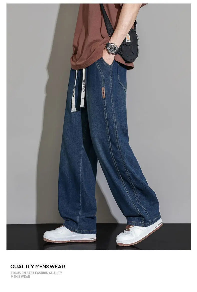 Summer Thin Denim Jeans Elastic Waist Large Size American Loose Slimming Wear Resistant Long Casual Men's Pants Cotton Blend