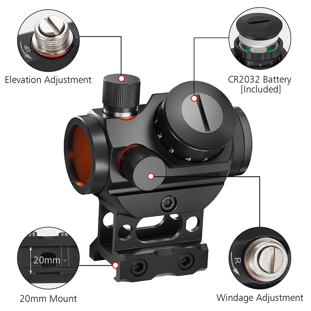 Tactical Red Dot Sight Reflex Optics 2 MOA Precision Compact Sight with High Profile Mount for 20mm Picatinny Rail
