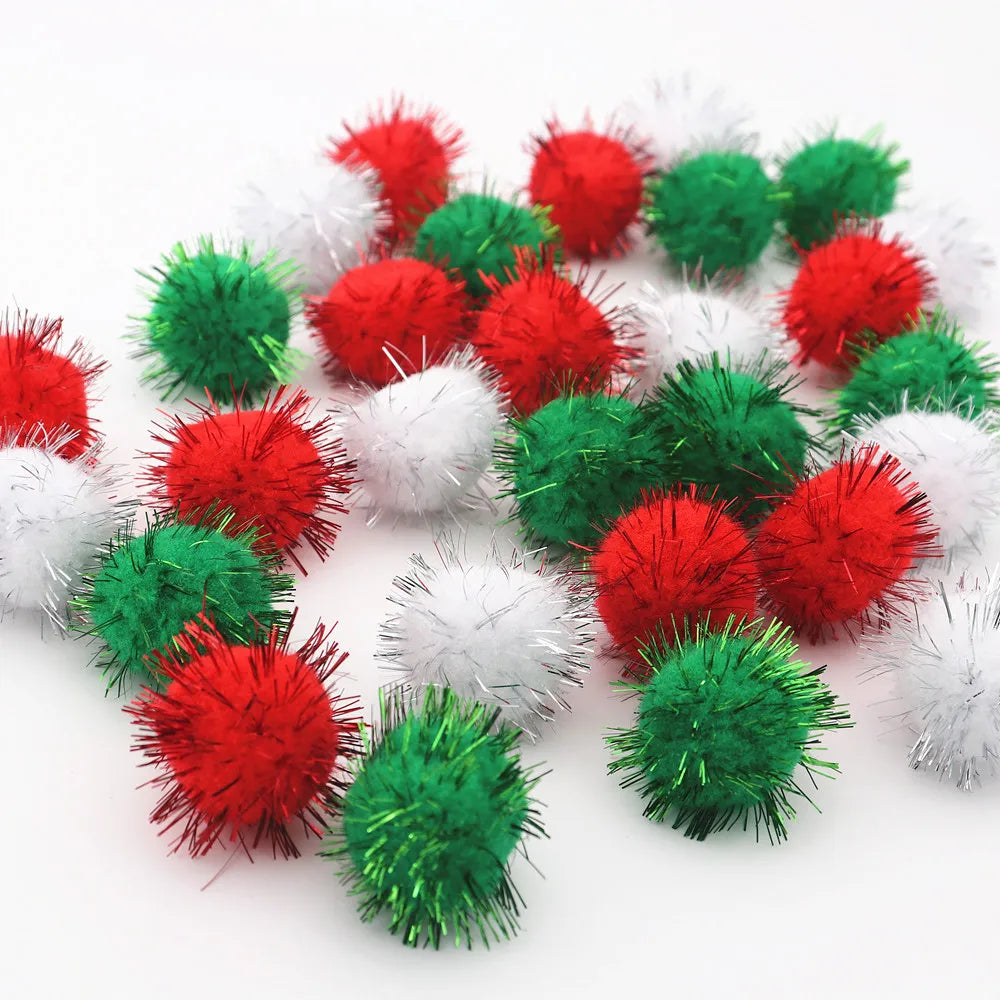 10-30mm Sparkle Glitter Pompoms Balls for Craft White Green Red Plush Glitter Tinsel Pom Pom for Christmas Decor Craft Supplies