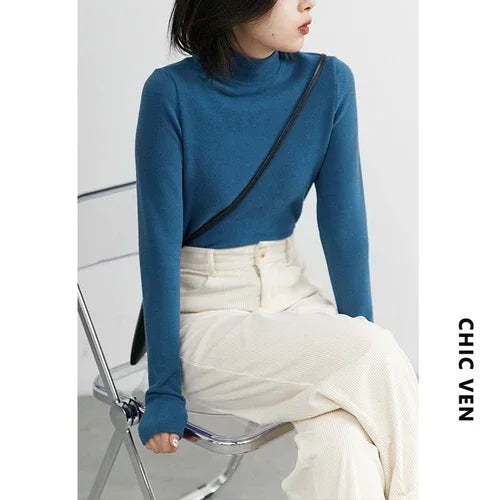 CHIC VEN Women Sweatshirt Turtleneck Pullovers Casual Solid Dralon Warm Bottom Blouse Office Lady Tops Autumn Winter 2023