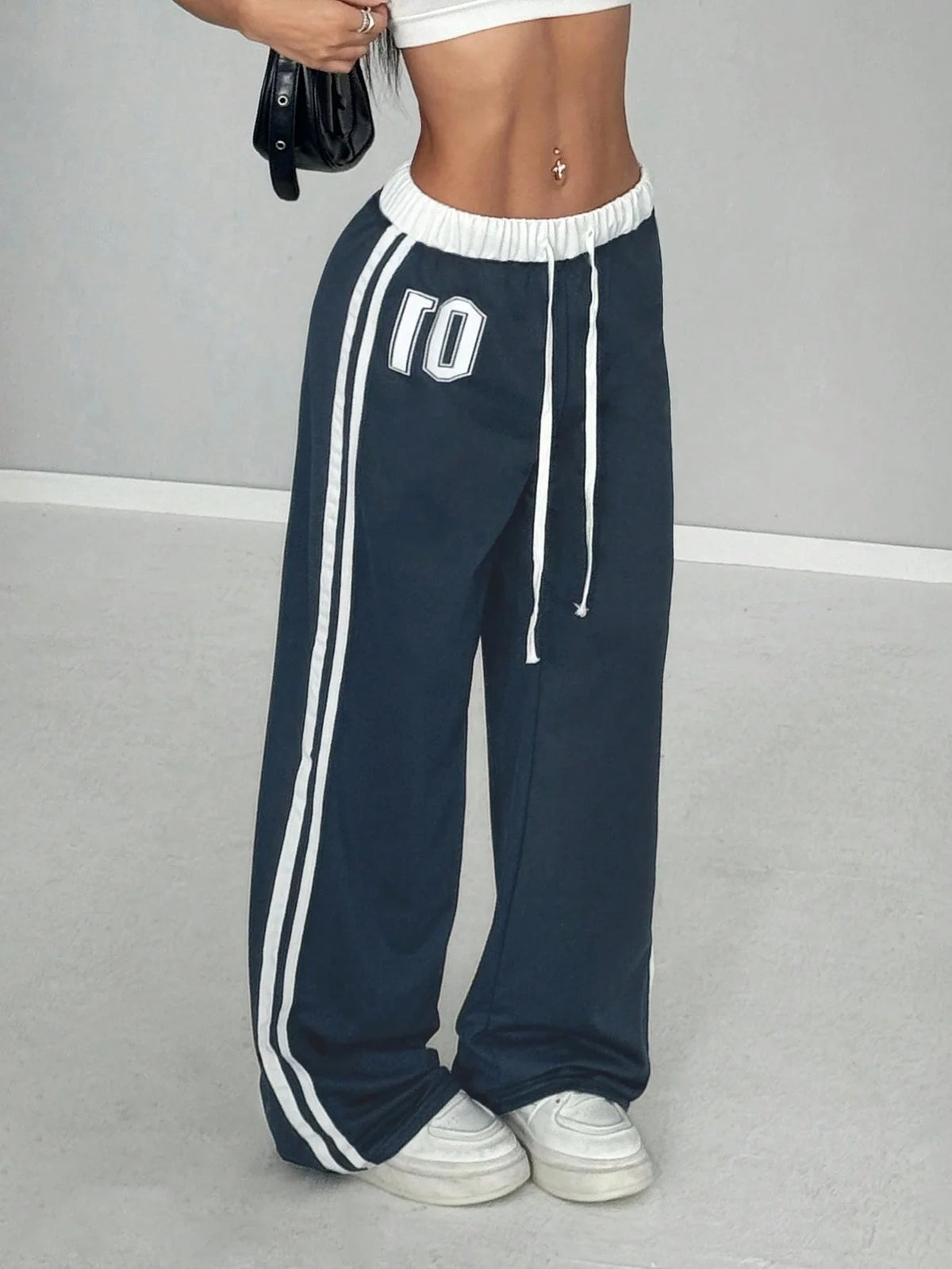 Women’s Colour-Blocked Digital-Print Belted Patchwork Casual Sports Streetwear Loose-Fit Long Sports Trousers