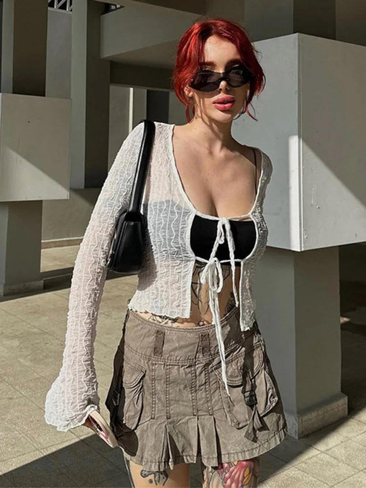 Gothic Lace Up Sexy Blouses Grunge Y2k Fairycore Long Sleeve T-shirts Female Transprent Skinny Fashion Tops