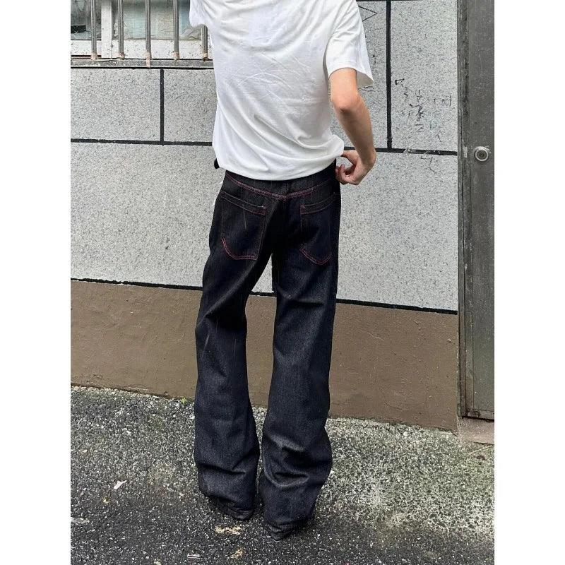 Men American Vintage Denim Red Stitch Raw Black Straight Micro Flare Jeans Slim Fit Fashion Casual Stretch Long Denim Trousers
