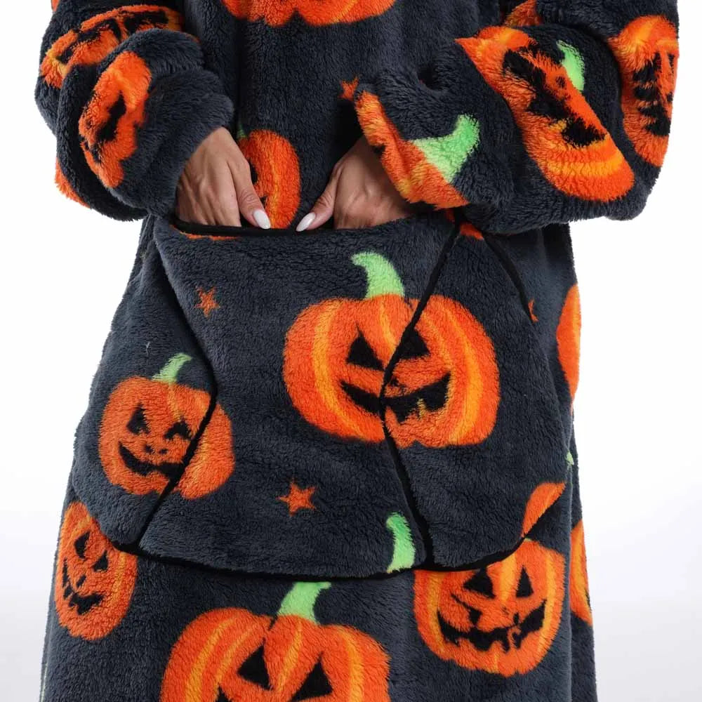 Wearable Blanket Hoodie with Sleeves Winter Oversized Blanket for Adults Extra Long Halloween Pajamas Pumpkin Skull Home Clothes