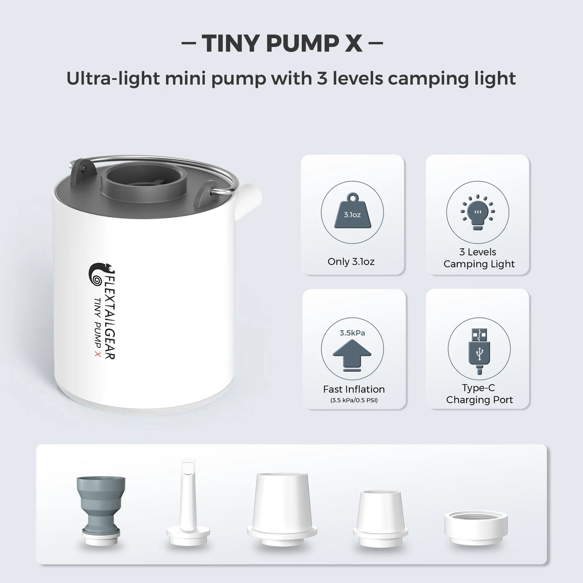 FLEXTAIL Portable Air Pump, Mini Camping Pump with Light, USB-C Charging, Ideal for Sleeping Pads, Air Bed Mattress, Vacuum Bags