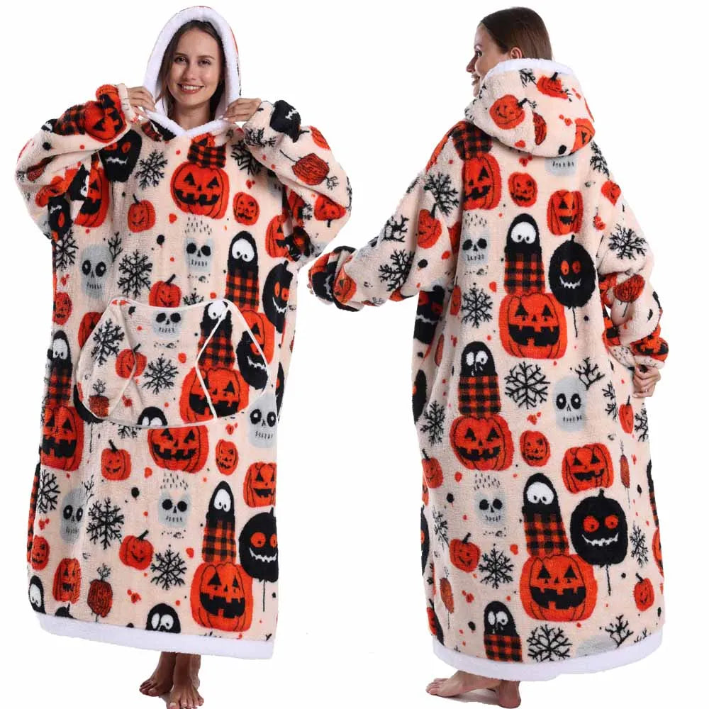 Wearable Blanket Hoodie with Sleeves Winter Oversized Blanket for Adults Extra Long Halloween Pajamas Pumpkin Skull Home Clothes