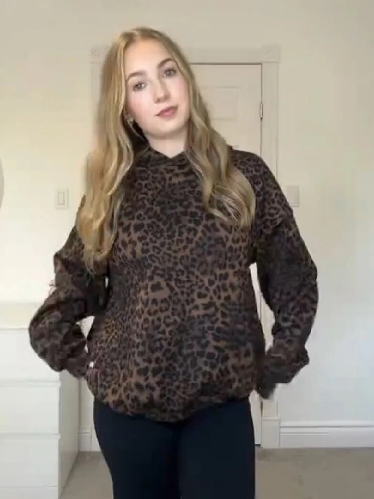 Elegant Chic Spotted Leopard Hoodie Stylish Vintage Relaxed Women Pullover Sweatshirts Casual Trendy Fashion Fall Street Outfit