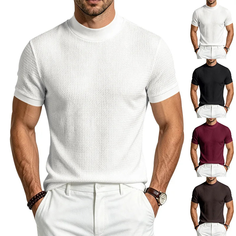 Men Summer Solid Jacquard Textured Mock Neck Short Sleeve T Shirt Slim Fit Simple Versatile Casual Daily Male Basic Tees