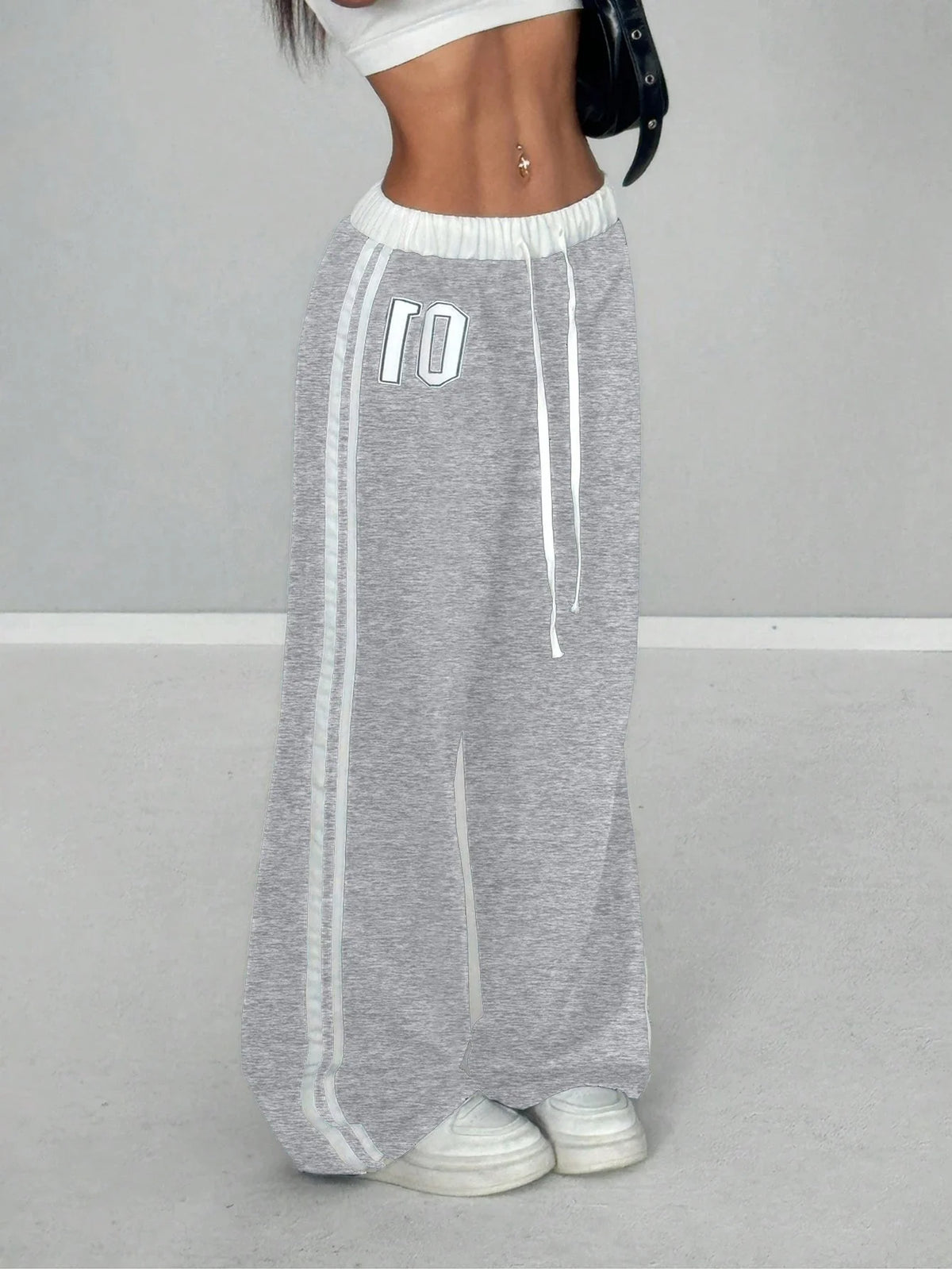 Women’s Colour-Blocked Digital-Print Belted Patchwork Casual Sports Streetwear Loose-Fit Long Sports Trousers